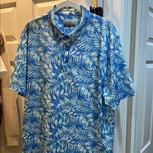 Tropical Blue Leaf Print Polo Shirt